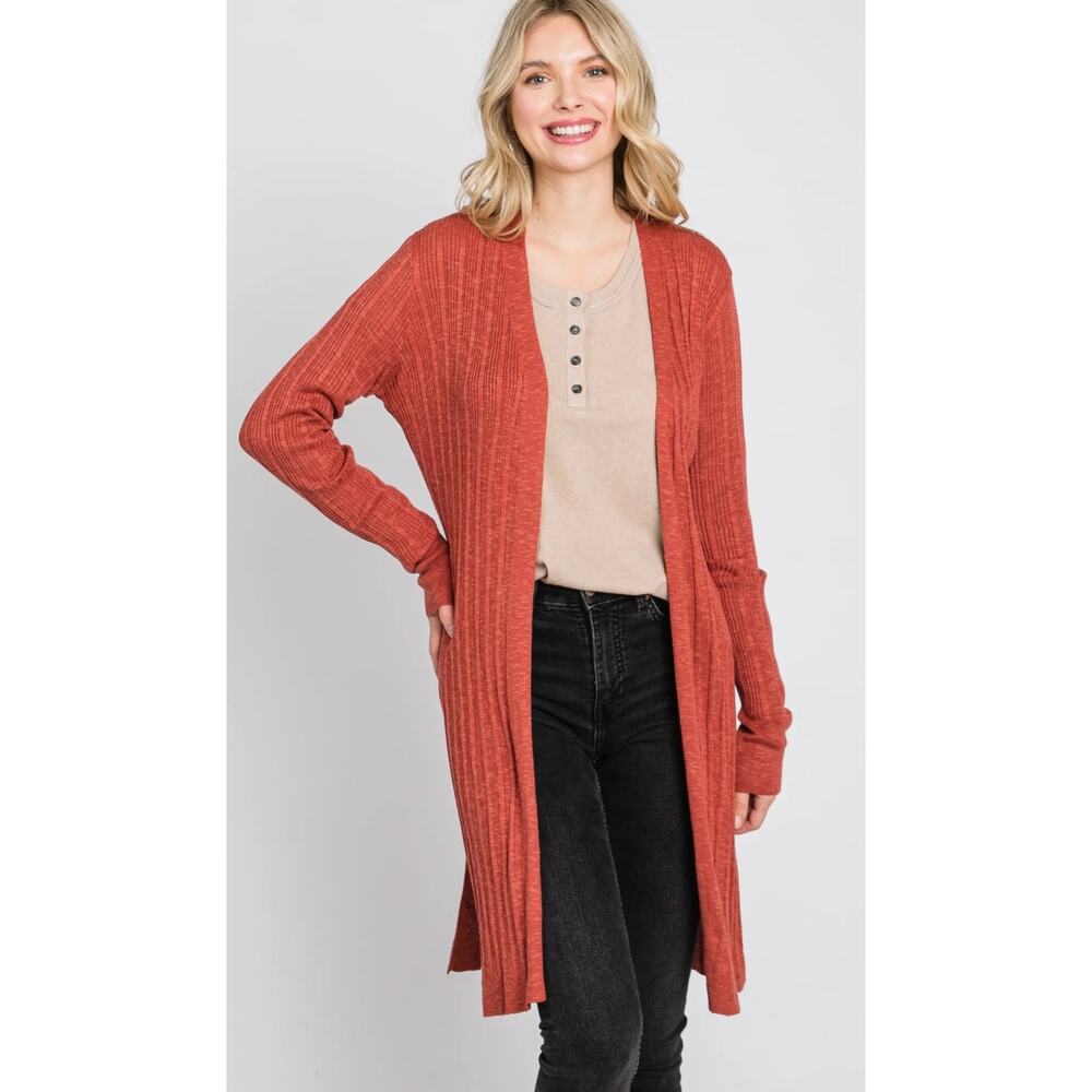 Hem & Thread Cottagecore Chestnut Ribbed Side Slit Cardigan‎ - Picture 5 of 5